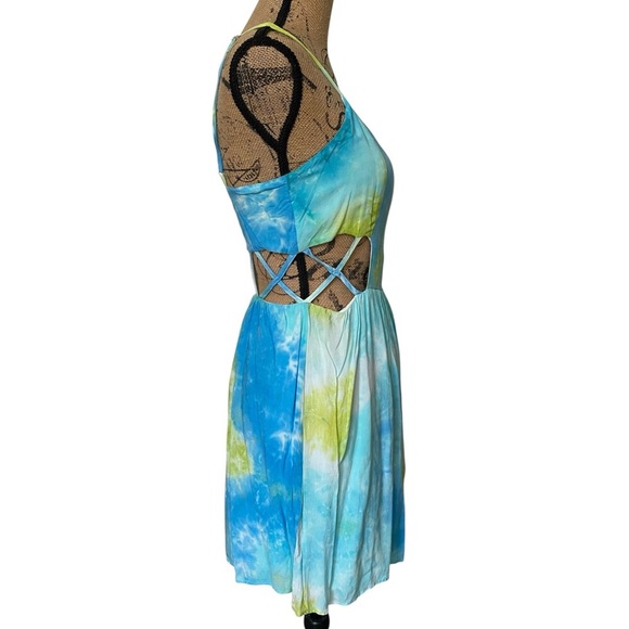 Cotton Candy Tie Dye Blue Green Cut Out Summer Mini Dress Size Medium - Picture 7 of 16